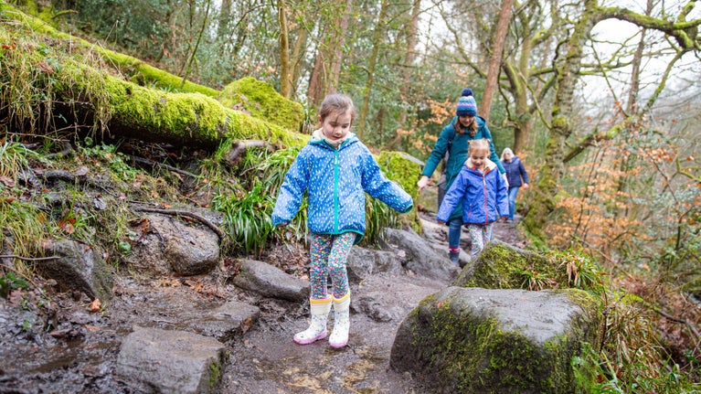 A family picks its way along an uneven rocky track through a wood in winter